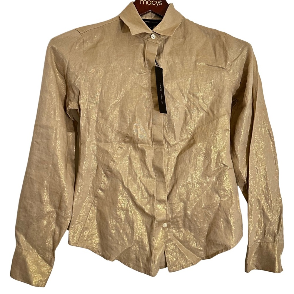 Donna Karan Linen Metallic Beige Button-Down Shirt